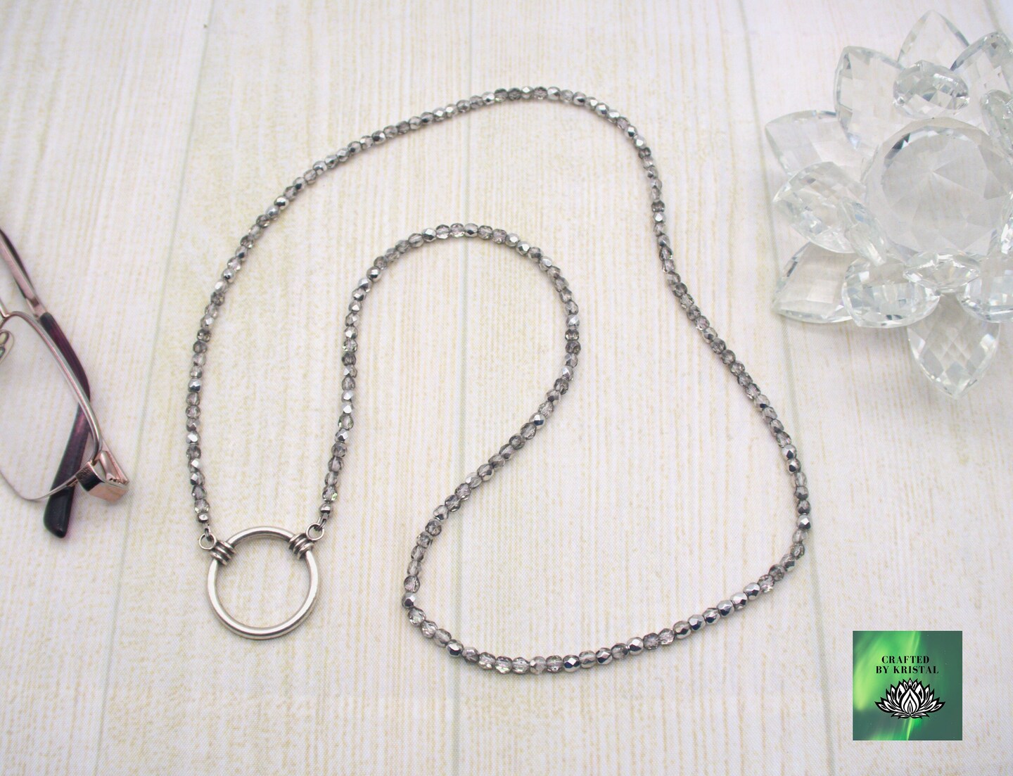 Sparkling Silver Eyeglass Chain, Beaded Eyeglass Holder