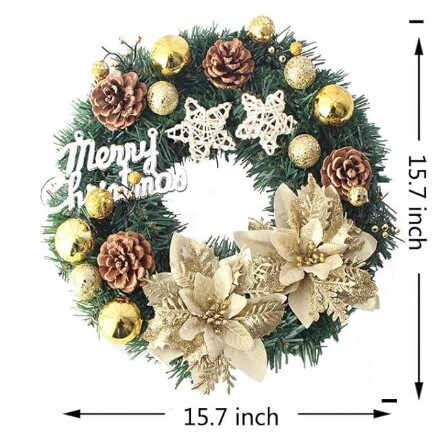 Front Door Artificial Christmas Wreaths Indoor Outdoor Home Decorations with Christmas Gold Glitter Poinsettias Artificial Flowers Star and Pine Cones