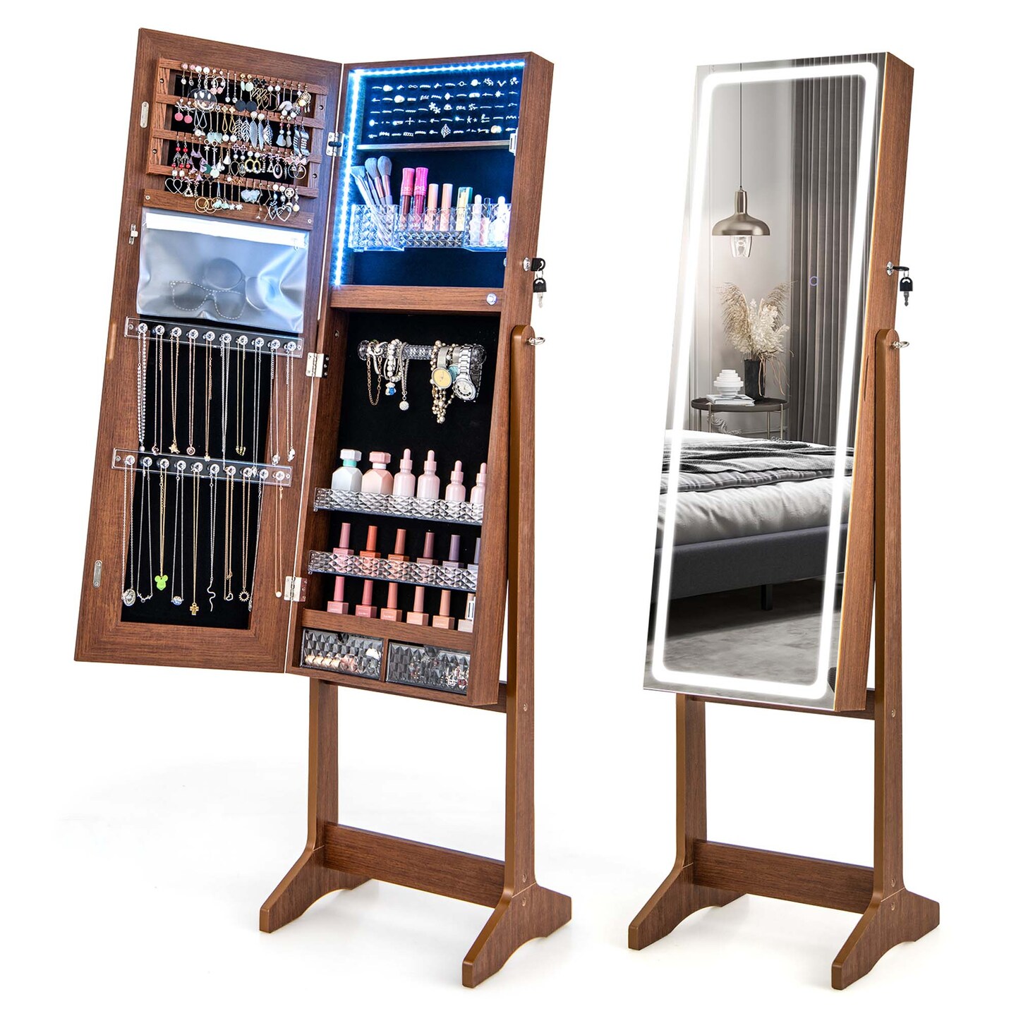 Costway LED Mirror Jewelry Cabinet Organizer Armoire Standing with Built-in 3 Color Light
