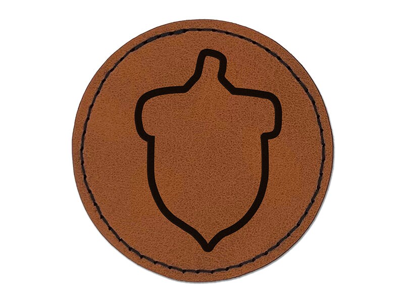 Acorn Outline Round Iron-On Engraved Faux Leather Patch Applique - 2.5&#x22;