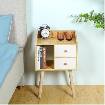 Bedside Table with Drawers, Nightstand Mid-Century Modern Nightstand with Solid Wood Legs and Open Storage Compartment:Natural Small End Table Side Table for Bedroom
