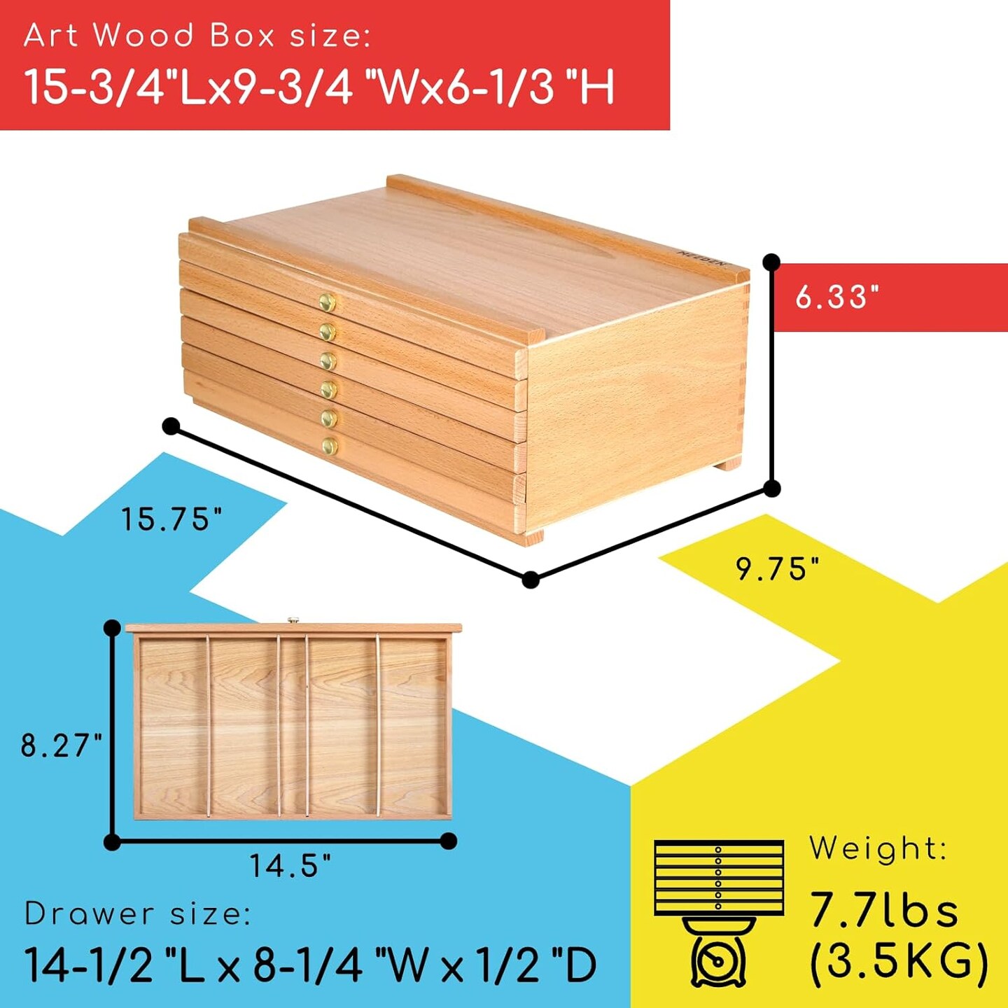 MEEDEN 6-Drawer Artist Supply Storage Box - Portable Foldable Multi-Function Beech Wood Artist Tool &#x26; Brush Storage Box with Compartments &#x26; Drawer for Pastels, Pencils, Pens, Brushes, Stamp