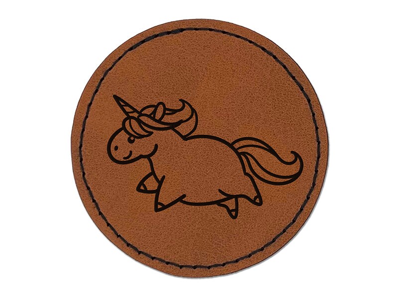 Chubby Unicorn Running Round Iron-On Engraved Faux Leather Patch Applique - 2.5&#x22;