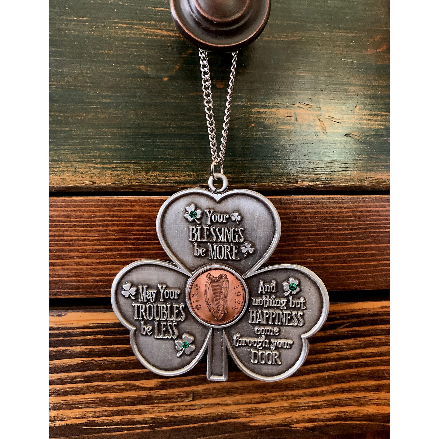 Shamrock Irish Penny House Blessing With Emerald Green Glass Stones