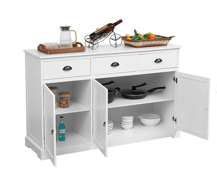 Buffet Cabinet with 3 Drawers and 3 Cabinets for Kitchen, Dining Room, and Living Room, White