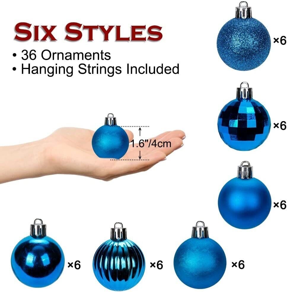 1.6in 36-Piece Shatterproof Christmas Balls - Xmas Tree Ornaments