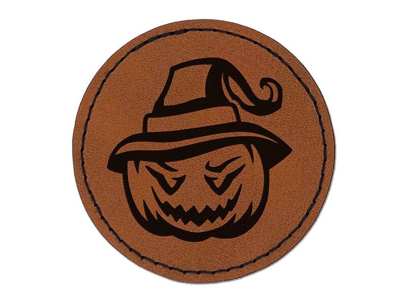 Jack-O&#x27;-Lantern Pumpkin Wearing Witch Hat Halloween Round Iron-On Engraved Faux Leather Patch Applique - 2.5&#x22;