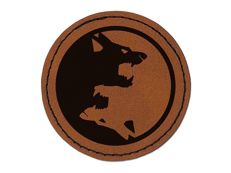 Yin Yang Wolf Wolves Round Iron-On Engraved Faux Leather Patch Applique - 2.5&#x22;