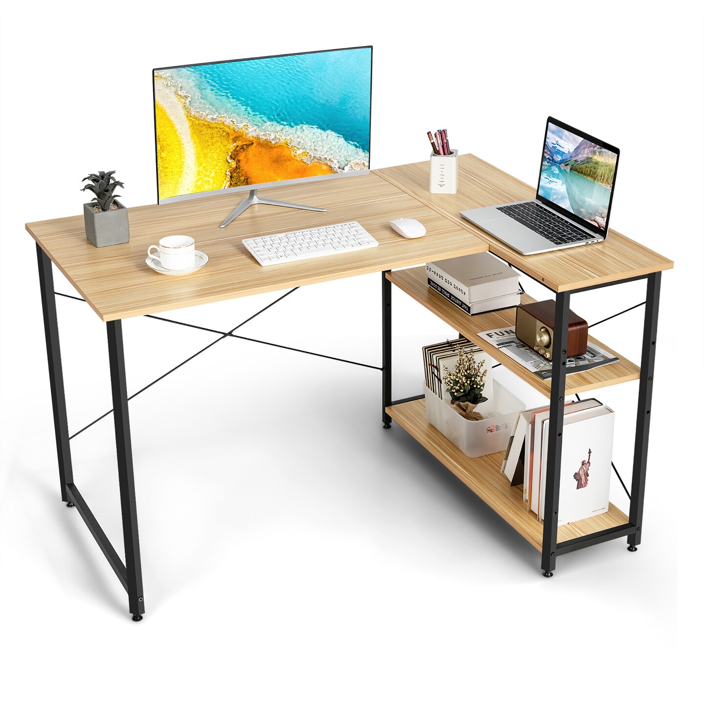 Costway 48'' Reversible L Shaped Computer Desk Home Office Table Adjustable Shelf Brown\Gray\Natural