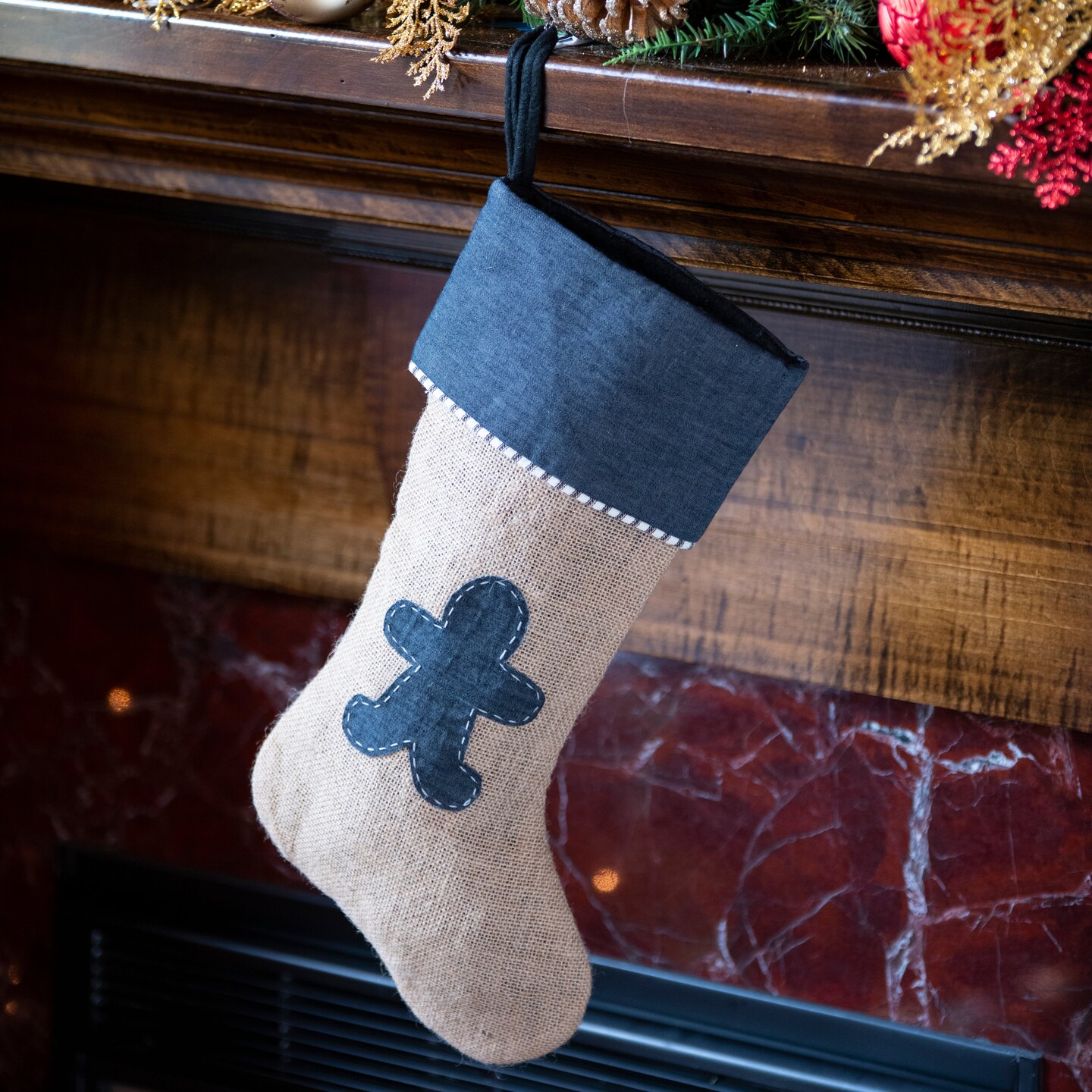 Jute Stocking with Dress Denim Gingerbread Man