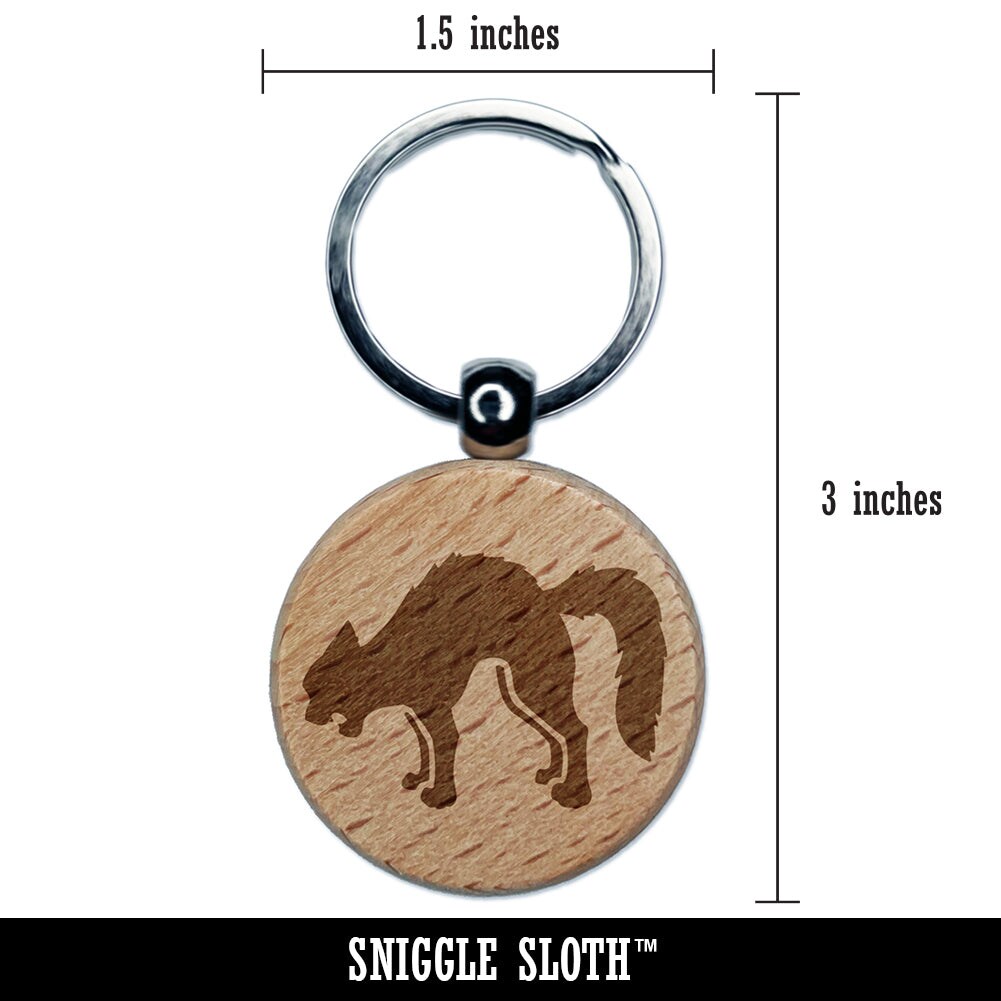 Scared Hissing Black Cat Halloween Engraved Wood Round Keychain Tag Charm