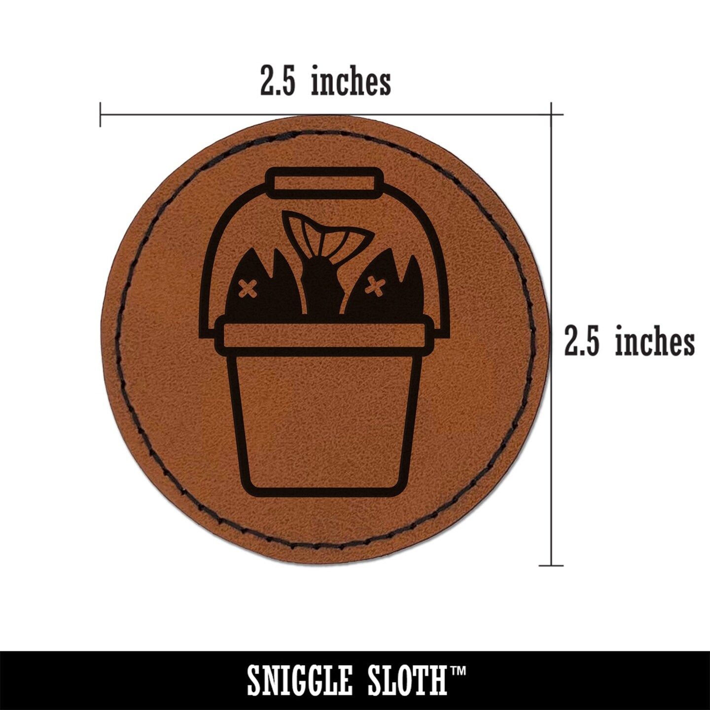 Fishing Bucket Full of Fish Fisherman Angler Round Iron-On Engraved Faux Leather Patch Applique - 2.5&#x22;