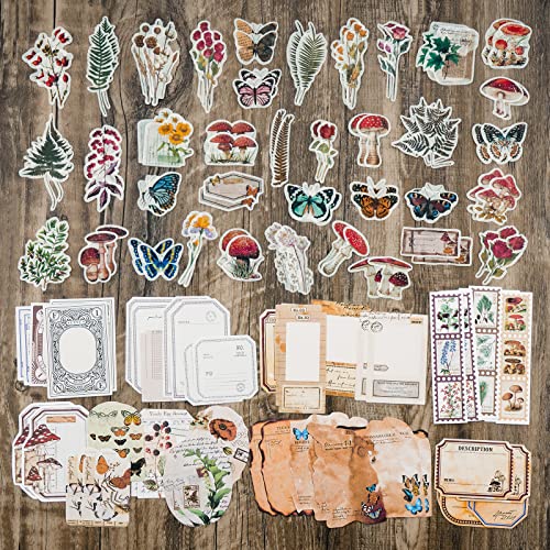 Knaid Vintage Scrapbook Supplies Pack (200 Pieces) for Junk Journal Bullet Journals Planners Botanical Paper Stickers Craft Kits Aesthetic Cottagecore Collage Album (Nature)