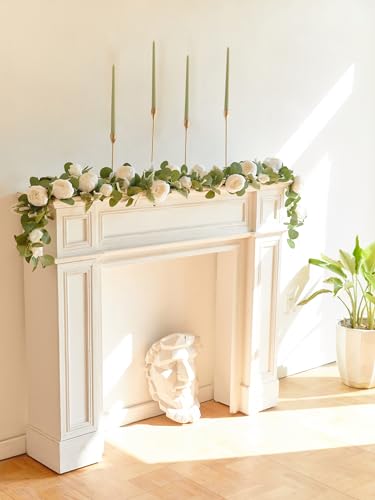 MISSPIN 2pcs Artificial Flowers Garland Eucalyptus Garland Vintage Fake Flower Peony Rose Vine Greenery Decorative Wall Hanging Plant for Wedding Arch Door Arrangement Party Decor (White,2pcs)