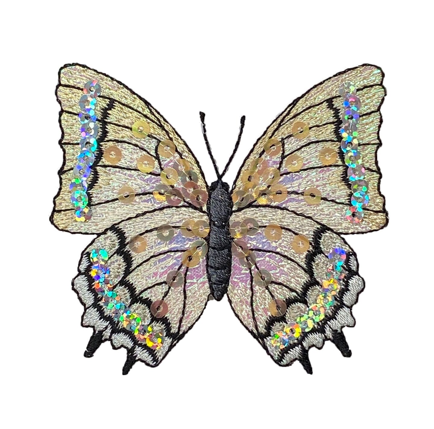 3" White Sequin Butterfly, Insects, Embroidered, Iron on Patch