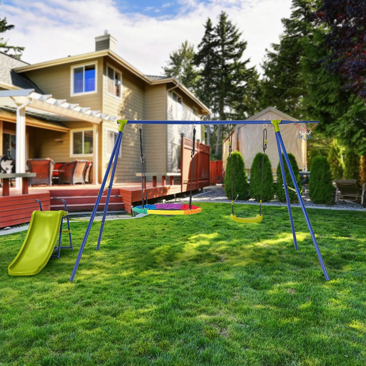Backyard Swing Set with Slide Swings and Basketball Hoop Multicolor