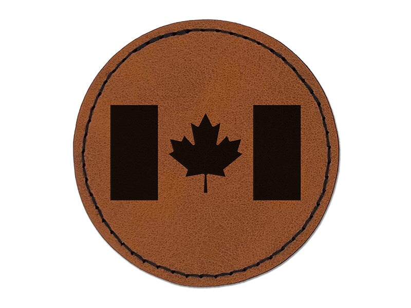 Canada Flag Round Iron-On Engraved Faux Leather Patch Applique - 2.5"
