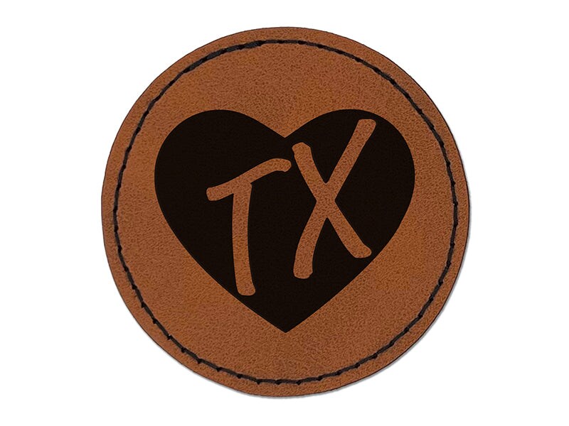 TX Texas State in Heart Round Iron-On Engraved Faux Leather Patch Applique - 2.5&#x22;