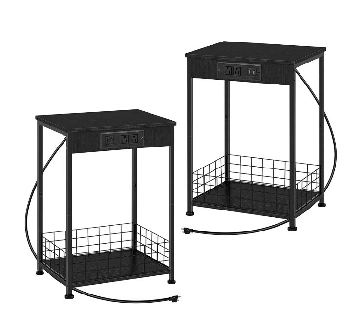 Set of 2 Black 2 Tier Nightstands End Tables with Charging Station and Storage Basket Michaels
