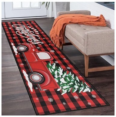 Christmas Runner Rug 2x6 Non Slip Low Pile Christmas Rug Truck in Red Christmas Tree Red and Black Buffalo Checker Plaid Xmas Carpet Floor Mat for Entryway Hallway Kitchen Bedroom