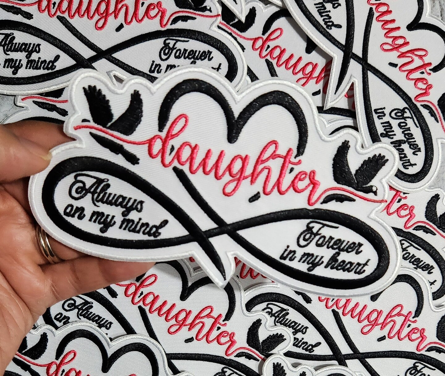 Memorial Infinity Collection: Patch Party Club, "DAUGHTER" Eternal Remembrance 1-pc, Iron-On Embroidered Patch, Sz 6", Tribute Honor