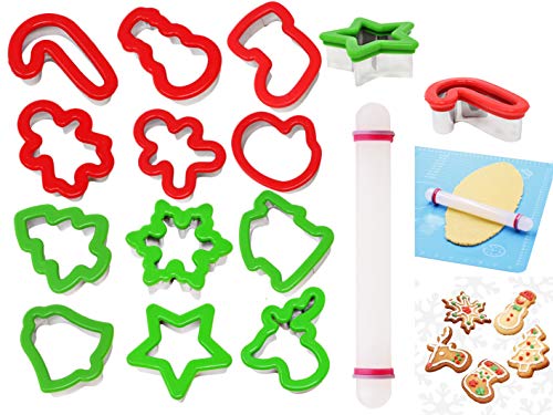 JOYIN 13 Pcs Stainless Steel Christmas Cookie Cutters with Comfort Grip 3.5í plus a Rolling Pin for Large Holiday Cookies, Snowflake Cookies, Gingerbread Man Cookies, Christmas Party and Baking Gift