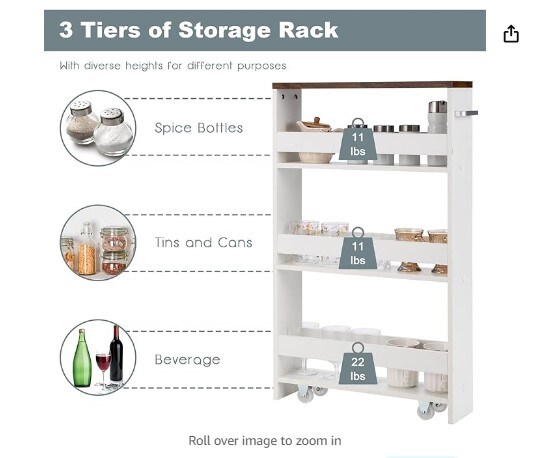 Slim Rolling Storage Cart, 4-Tier Utility Cart, Wood Kitchen Storage Cart with Handle and Wheels, Narrow Rolling Shelving Unit for Bathroom Laundry and Small Spaces