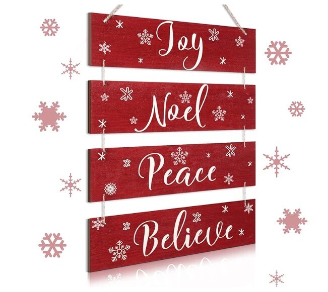 4 Handmade Rustic Christmas Decorations Christmas Vintage Joy Noel Peace Believe Signs Ornaments Wooden Wall Decor Snowflakes Wooden Hanging Plaque (Red, Snowflake) for Living Room Bedroom