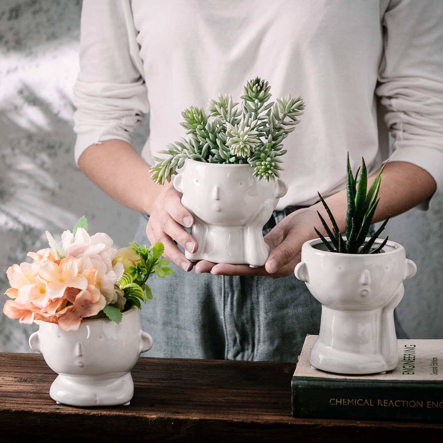 3 Pack Ceramic Flower Pot Modern Style Vase Cute Fleshy Flower Vase Supporting Cheek Vase Mini Ceramic Plants Containers for Home Office, No Plant
