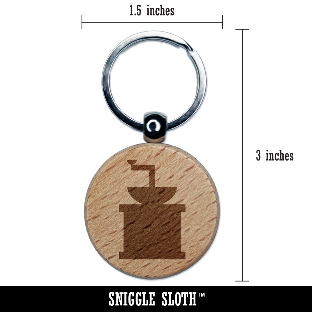 Coffee Grinder Solid Engraved Wood Round Keychain Tag Charm