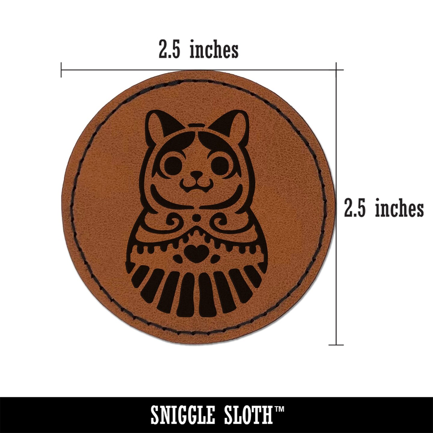 Cat Russian Nesting Doll Matroyshka Babushka Round Iron-On Engraved Faux Leather Patch Applique - 2.5&#x22;