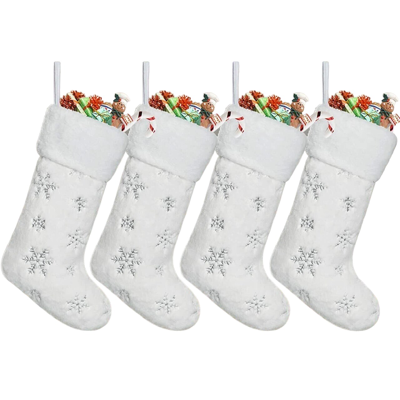 Set of 4 White Christmas Stockings 21&#x22; with Faux Furry Silver Large Snowflake