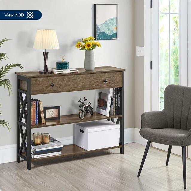 Taupe Wood with Dark Frame Console Table with 1 Drawer and 2 Shelves in Wood and Iron
