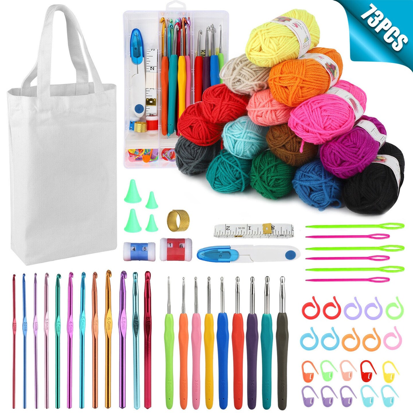 73Pcs Crochet Kit with Hooks, Needles, Yarn, and Tote Bag
