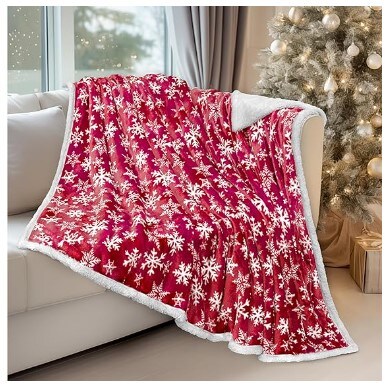 Red Snowflake Decoration, Fleece, Plush, Warm, Cosy Reversible Microfiber Holiday Blanket 50 x 60