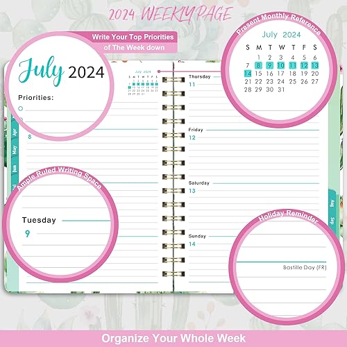 Planner 2024, Weekly and Monthly Planner, Jan 2024 - Dec 2024, 8.5&#x22; x 6.4&#x22;, Planner with Hardcover, Twin - Wire Binding, Monthly Tabs, Inner Pocket, Elastic Closure, Daily Organizer
