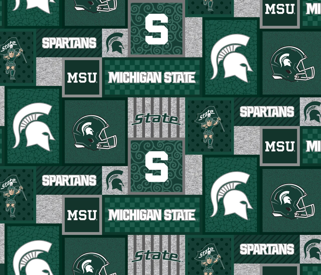 Sykel Enterprises-Michigan State University Fleece Fabric-Michigan State Spartans College Patch Fleece Blanket Fabric-Sold by the yard