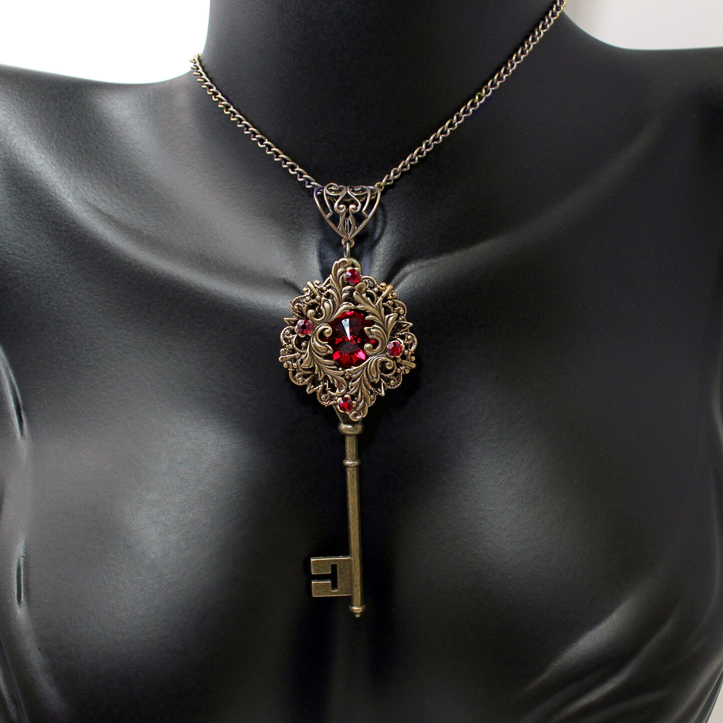 Vintage Key Necklace with Red Swarovski Crystals, Fantasy Jewelry