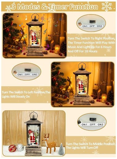 Lantern with Lighted Christmas Snow Globe Swirling Glitter Santa Claus Musical Snow Globe with 8 Songs and Timer USB/Battery Operated