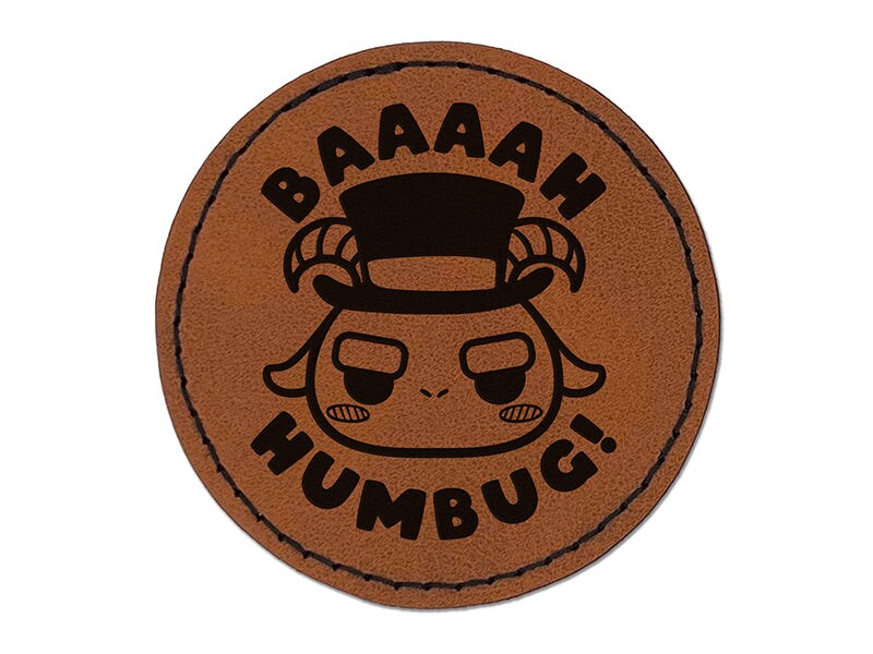 Bah Humbug Funny Christmas Pun Goat Round Iron-On Engraved Faux Leather Patch Applique - 2.5&#x22;