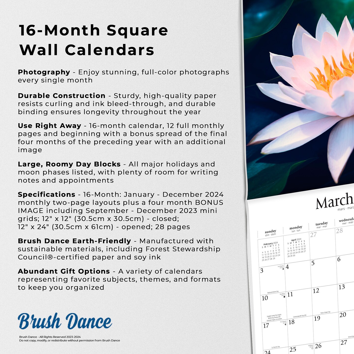 Jewel of the Lotus | 2024 12 x 24 Inch Monthly Square Wall Calendar | Brush Dance | Photography Quotations Flowers Floral