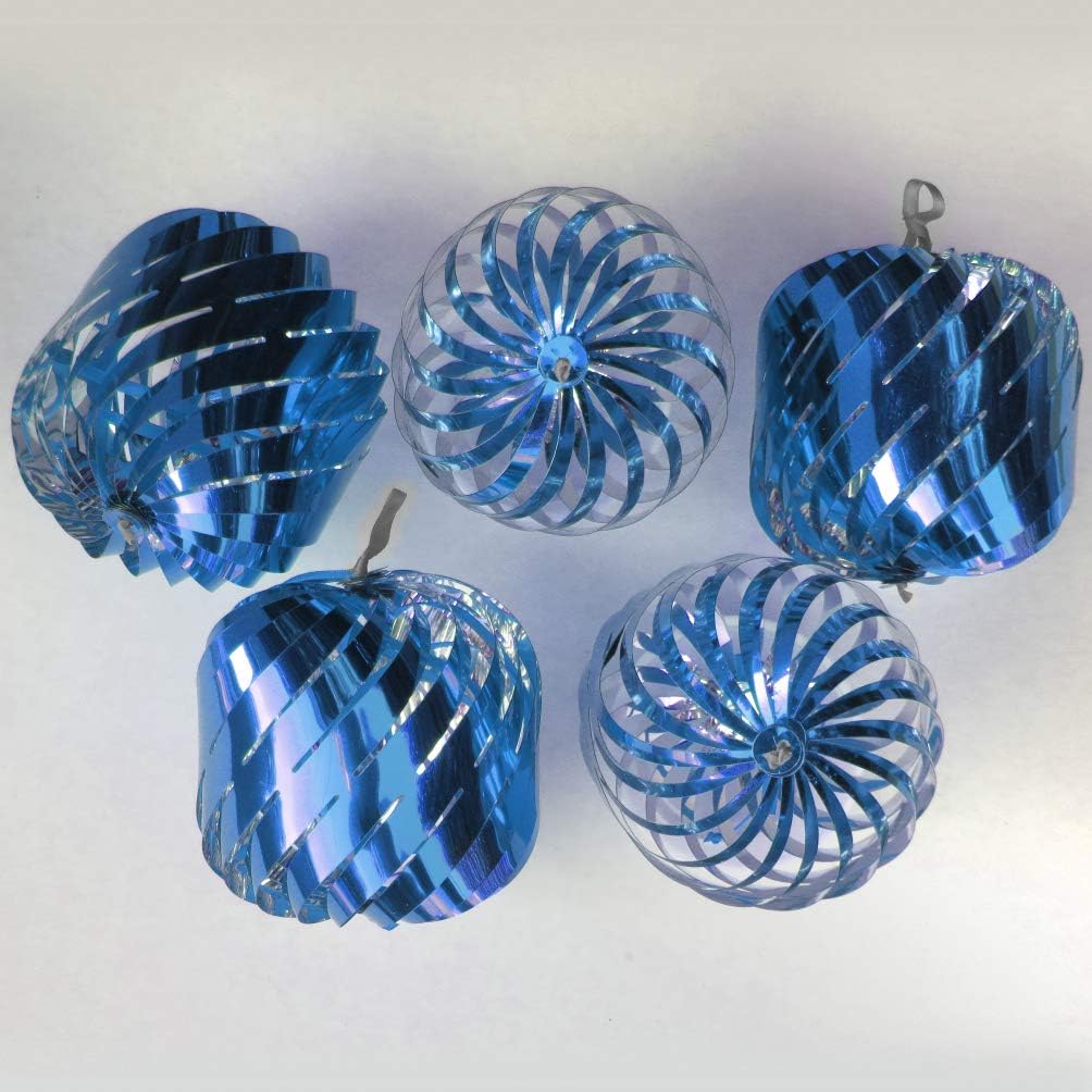 Silver Blue Swirl Pop-up Christmas Ball Ornaments 5 ct. 3&#x22;; COLLAPSIBLE Xmas Tree Reversible Plastic Ornaments; Shatterproof