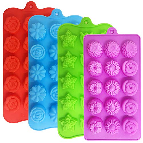 4 PACK Flower Shape Chocolate Candy Molds Set,DanziX Silicone 15 Cavity Baking Mold Ice Cube Tray for Wedding,Festival,Parties and DIY Crafts-Green,Blue,Red and Purple