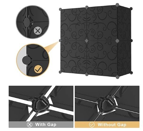 9 DIY Plastic Closet Organiser Cabinet, Modular Bookcase Storage Shelves, Cube Storage Organiser with Doors for Office, Livingroom, Black