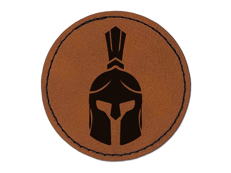 Ancient Greek Roman Spartan Helmet Front Round Iron-On Engraved Faux Leather Patch Applique - 2.5&#x22;