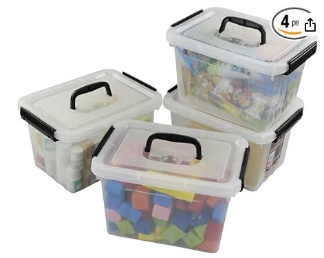 4 Pack 6 Quart Clear Latch Storage Box with Black Handle and Latches