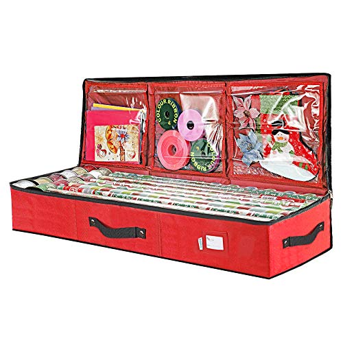 Wrapping Paper Storage Container | Gift Wrap Organizer Under Bed | 41”x14”x6” | Fits 18-24 Rolls Up to 40” | Durable 600D Oxford Material | Box Holder with Pockets for Ribbon, Bows and Accessories (Red)