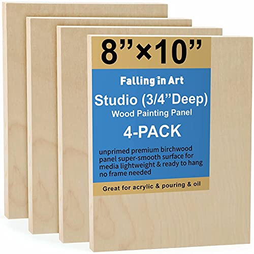 Unfinished Birch Wood Canvas Panels Kit, Falling in Art 4 Pack of 8x10&#x2019;&#x2019; Studio 3/4&#x2019;&#x2019; Deep Cradle Boards for Pouring Art, Crafts, Painting and More