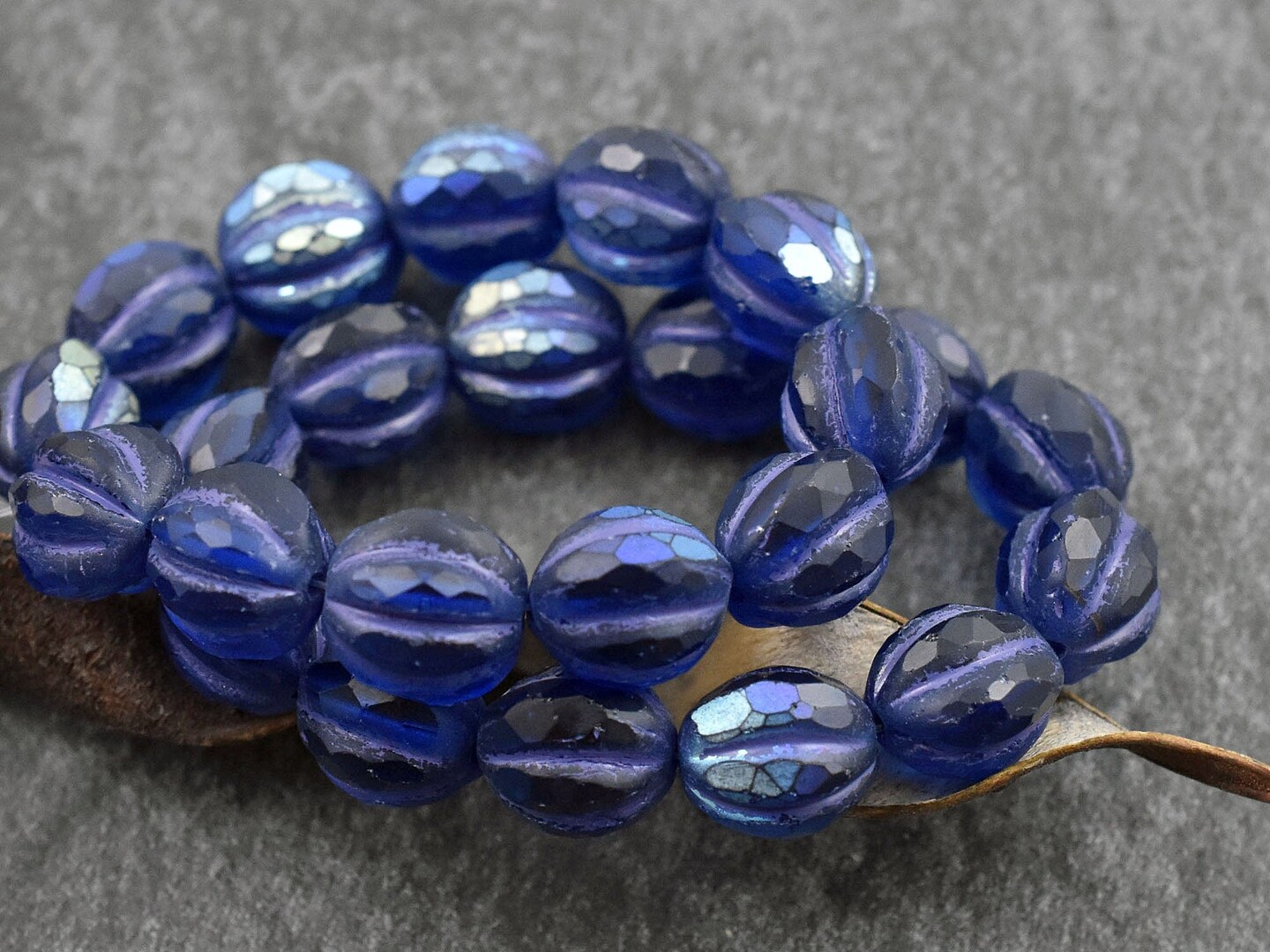 *12* 10mm Purple Washed Matte Pacific Blue AB Faceted Round Melon Beads