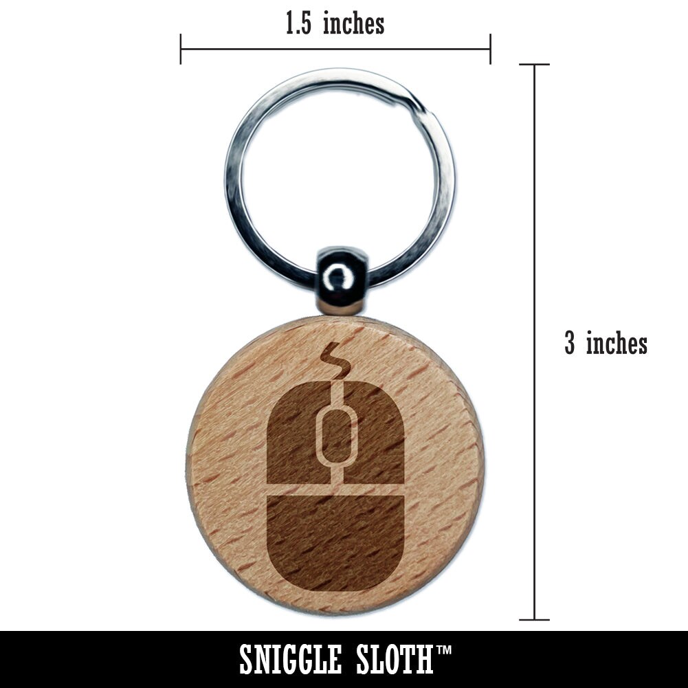 Computer Mouse Engraved Wood Round Keychain Tag Charm